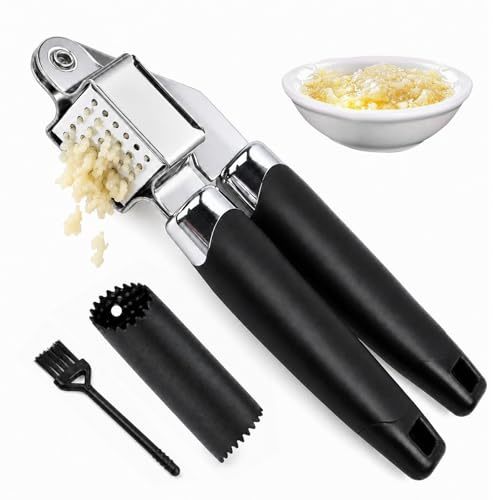 3-in-1 Knoblauchpresse Set mit Schäler und Reinigungsbürste, Hergestellt aus Edelstahllegierung, Rutschfester Griff, Spülmaschinenfest, Zerkleinert Knoblauch & Ingwer Mühelos