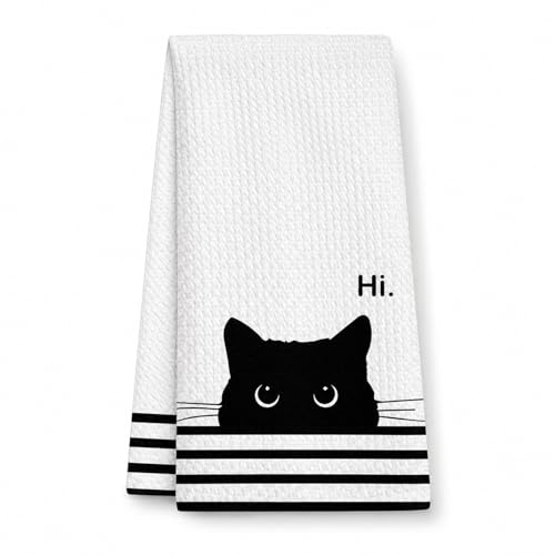 Schwarzer Katze Geschirrhandtücher, Küchenhandtücher mit Waffelstruktur, Trockentücher Küche aus Polyester, Dekoratives Katze Handtücher für Bad und Tischgebrauch, Geschenk für Katzenliebhaber