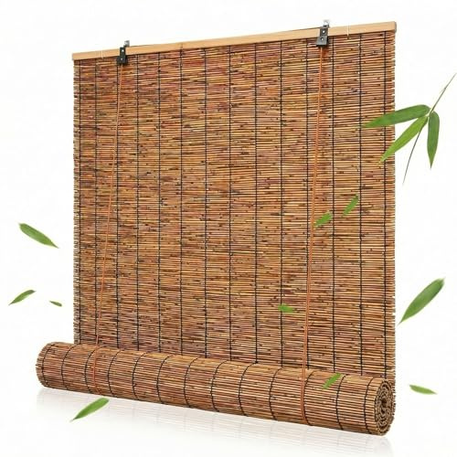 Bambusrollo Outdoor Wetterfest, Natur Bambus Rollo mit Lifter, Sichtschutz Balkon Bambus, Sonnenschutzrollo Außen für Garten, Schilf Vorhang Aussenbereich, Verdunkelung(Karbonisiert,80 x 180 cm)