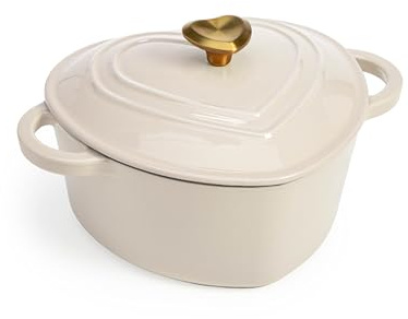 Paris Hilton Enameled Cast Iron Dutch Oven Heart-Shaped Pot with Lid, Dual Handles, Works on All Stovetops, Oven Safe to 500°F, 2-Quart, Cream