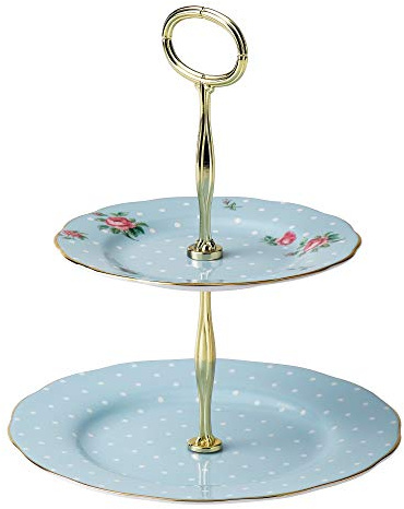 Royal Albert Vintage Moderno POLBLU25866-Soporte para Tartas (2 Pisos), diseño de Lunares, Color Azul, Porcelana de Ceniza de Hueso, Polka Blue, 2 Niveles, 3 Unidades