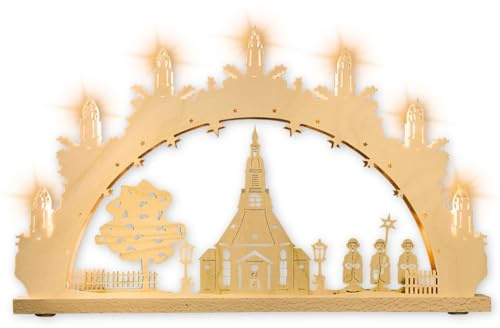 WEIGLA - Schwibbogen original Erzgebirge I Lichterbogen Weihnachten I Motiv Seiffener Kirche I 7 Lampenkerzen + 1 Ersatzlampe I 7 x 34 V, 3 W, E10 I beleuchtete Weihnachtsdeko