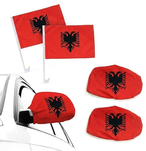 Auto Fahnen Albanien Set - 2 Autofahnen 30 x 45 cm & 2 Außenspiegelfahnen Überzieher, Fußball Fanartikel FZG für EM & WM, Albanische Flagge Fahrzeug Deko