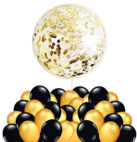 40 Guld och Svarta Ballonger + 1 XXL Gigantisk Genomskinlig Ballong med Metallisk Konfetti, Festdekoration för nyår, Födelsedag och Graduering Fest