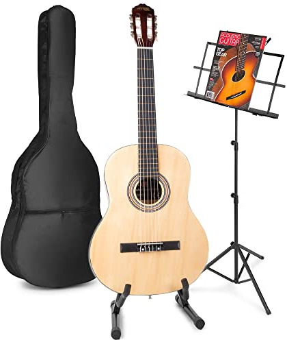 MAX SoloArt akustische Gitarre mit Tasche, Notenständer und Gitarrrenständer, Stimmgerät, Plektrum, Gurt und Zubehör - Spanische Akustik-Gitarre für Anfänger, Konzertgitarre in Holz-Natur