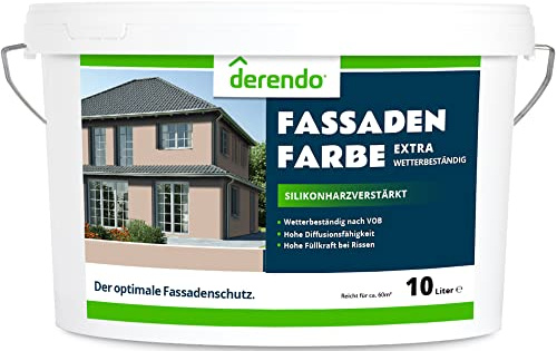 derendo Fassadenfarbe außen braun 10l mit EXTRA hohem Wetterschutz, matte silikonharzverstärkte Fassaden Farbe, hohe Deckkraft und gute Füllkraft bei kleinen Rissen (Haselnuss)