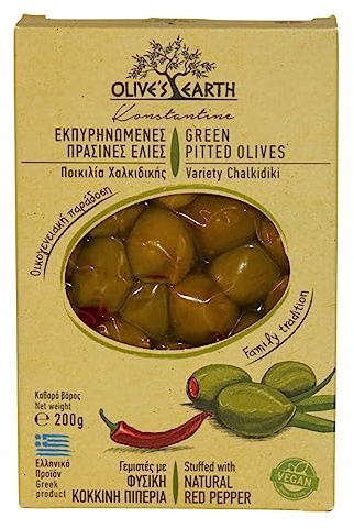 Olive’s Earth Olive Verdi Greche Calcidiche Snocciolate Ripiene di Peperone Rosso, 4 x200g | Olive da Tavola Naturali, Croccanti e Aromatiche