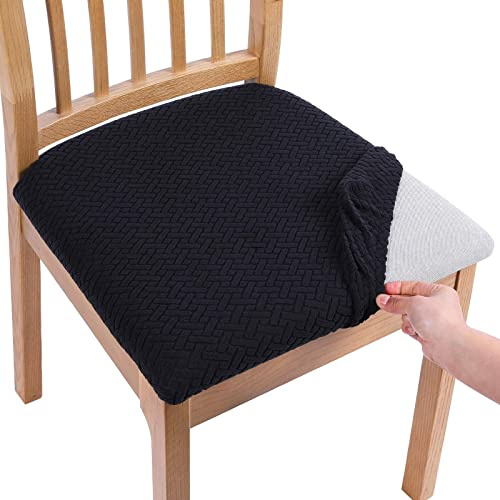 Homaxy Dining Chair Seat Covers Set of 4, Stretch Jacquard Dining Chair Slipcovers Seat Protector with Buckle for Dining Room Kitchen, Black