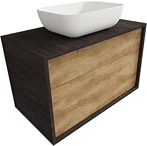 ATRIOS Conjunto Mueble de Baño, Modelo Hermes con 2 Cajones, Suspendido en Pared, con Lavabo Porcelánico Sobrepuesto y Mueble MONTADO, Acabado Laminado Roble, 100 cm
