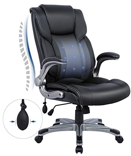 COLAMY High Back Executive Office Chair - Padded Leather Ergonomic Computer Desk Chair with Inflatable Lumbar Support & Flip-Up Arms, Adjustable Tilt Lock Swivel Task Chair for Home Office, Black