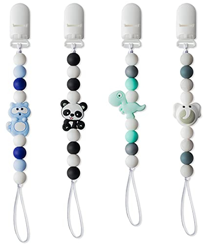 4Pcs Silicone Pacifier Clip for Babies Infant Animal Teething Panda Dinosaur Elephant Raccoon Soothie Toy Teethers Clips for Baby Shower Birthday Keepsake Christmas New Year Gift