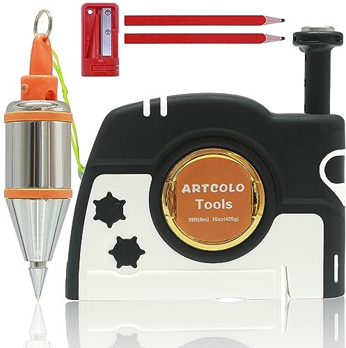 ARTCOLO 1 PCS Magnetic Plumb Bob Kit - 15 oz(425g) Plum Bob With 26 ft(8m) Automatic Stretching String,2 Pencils, Pencil Sharpener