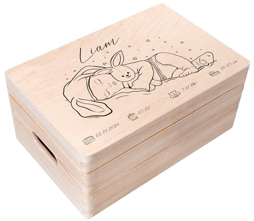 Creative Deco Erinnerungsbox Baby Personalisiert mit Namen 30 x 20 x 14 cm | Individuelle Erinnerungskiste Geschenk zur Geburt für Mädchen und Jungen | Holzkiste mit Deckel Zeitkapsel | Farbdruck