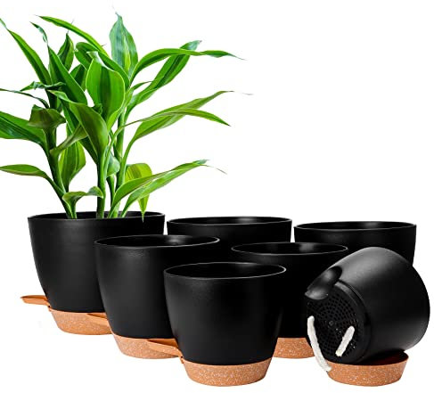 CSYY Plant Pots Indoor, 7Pack Plastic Plant Pots 20.3/19/17.7/16.5/15.2/14/12.7cm, Flower Pots Outdoor Self Watering Plant Pot with Drainage Holes Tray, Plastic Planter for Garden House Plants(Black)