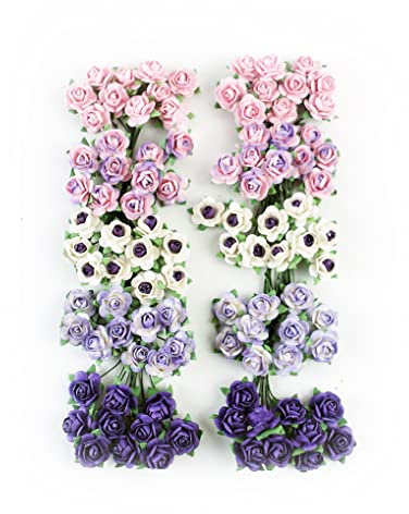KADADSA 100 pcs Mini Rose Mixed Violoet Two Tone Color Mulberry Paper Flower 15-18 mm Wedding Doll House Supplies Card