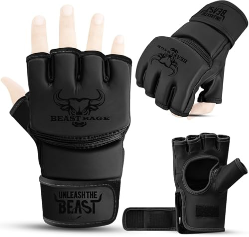 BEAST RAGE Guanti MMA per Arti Marziali Grappling Allenamento guantoni, palmo ventilato, VEGAN Kara Sparring Guantoni per Kickboxing, Muay Thai, Sacchi Pugilato, Sacco da Boxe Cuoio Hide (XL, Nero)
