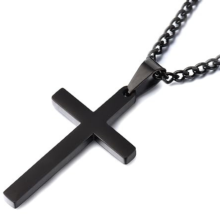 USEEDOVIA Cross Necklace for Men, 316L Stainless Steel Mens Necklace with Cross Pendant, Black Link Chain (55+5cm) Christmas Religious Birthday Gifts for Him Boys