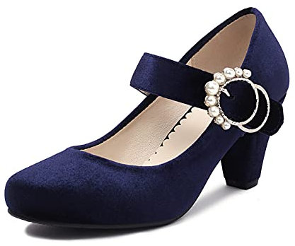 elerhythm Damen Mary Janes 1920er Jahre Retro Block Samt Heels Gatsby 1950er Vintage geschlossene runde Zehenpartie Perlenschnalle Knöchelriemen Pumps Schuhe (Blau EU41)