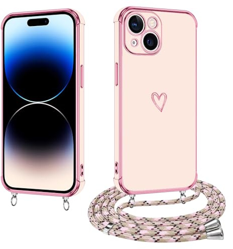 E-Lush Cover per iPhone 15 Plus con Cordino, Ultra Sottile Cuore Amore Elettrolitico Cover per iPhone 15 Plus, Morbido TPU Silicone Custodia con Regolabile Collana Antiurto Case, Oro Rosa