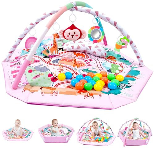 TFDER 8-en-1 Gimnasio De Juegos para Bebe, Manta de Actividades Antideslizante Infantil, Alfombra de Gateo con Arco de Juego y Juguetes Sensoriales,Juguetes para bebés de 0+ Meses,Rosa