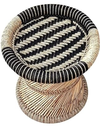 SHIVERO HOMES Handmade Natural Cane Bamboo Mudda Chair Barstool Step Stool for Adults, Kids, Garden Traditional, Kitchen Sitting Living Room Finest Wooden Stool Children's 15 X 15 Black and Beige