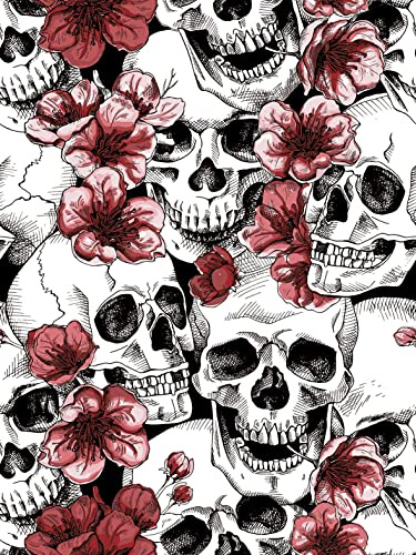 Auspicium Sugar Skull Floral Peel and Stick Wallpaper Red/Black/White Vinyl Self-Adhesive Wallpaper for Bedroom Furniture Paper Removable Wall Decorations 17.3 x 118 inches, 14.2 Square Feet/Roll