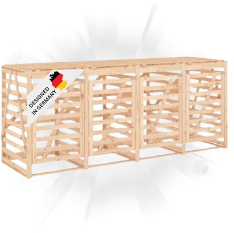 DELUKE 4er Mülltonnenbox Kiefernholz BOUMI | 318x91,5x128,5cm Natur | Mülltonnenverkleidung für 4 Tonnen Müllbox aus Holz Mülltonnenschutz Mülltonnendach