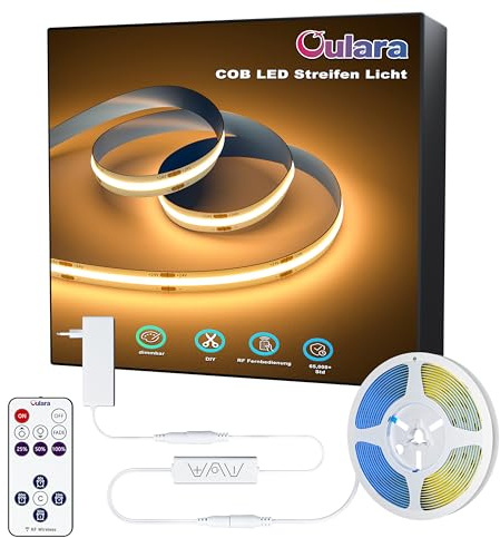 OULARA COB LED Streifen 10M 2700K Warmweiss,Dimmbar 24V LED Strip set mit RF Fernbedienung und Netzteil,CRI90+ Hell Unterbauleuchte für Home DIY Dekoration,Timerfunktion