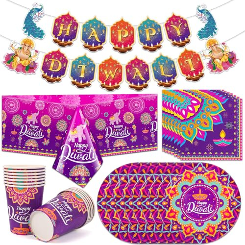 HOWAF Happy Diwali Decorations Dinnerware Set, Happy Diwali Banner diwali Table Cloth, 12 Sets Disposable Paper Plates, Cups, Napkins for Diyas Rangoli Decorations for House Indian Decor