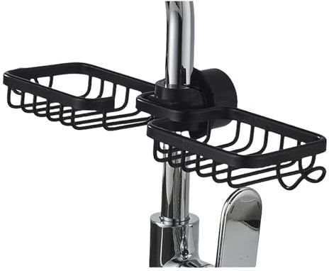 Kitchen Sink Faucet Organiser, Dish Sponge Holder, Stainless Steel Sink Rack, Over Sink Storage, Tidy Tap, Sink Organizer Rack for Kitchen and Bathroom. (Black-D)