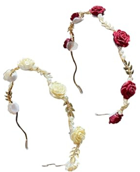KGDUYC 2 PCS Rose Haarband Dirndl Haarschmuck Damen Perlen Haarband Blumenkranz Haare Kinder Haarreifen mit Blumen Mädchen Eleganter Haarschmuck,für Partys,Feste,Hochzeiten,Reisen,Rot/Weiß