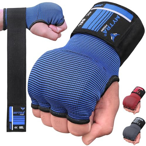 Mytra Fusion innenhandschuhe Boxen Gel gepolstert Bandagen mit 80 cm Langen Handgelenkschlaufen Herren und Damen Elastisch boxbandagen für MMA, Muay Thai, Punching und Kampfsport (Blue/Black, S/M)