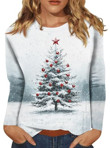Weihnachtspullover Damen Lustig Langarm Rundhals Top Merry Christmas | Weihnachtspulli Stylische Tops Große Größen Schneeflocke Soft Blusentop Weihnachten Geschenke