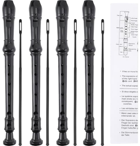 SANNIX 4 Pack Recorder Instrument, 8 Hole German Style Soprano Recorder for Beginner, Recorder With Cleaning Rod, School Student Music Instrument (Black)