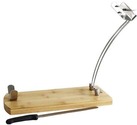 Fackelmann Set Jamonero Plegable de Bambú y Cuchillo 22/33 cm, Jamonera para Paletilla o Jamón, Diseño Fresco, Base de Madera de Bambú y Soporte de Acero Cromado, 37 x 16 cm, 1 Unidad