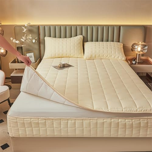 Coprimaterasso con Cerniera Matrimoniale/Singolo 160x190 Personalizzabile Fodera Materasso Topper A Sacco Lenzuolo Lavabile Imbottito/Trapuntato Copri Proteggi Materasso con Zip (160x190+30cm,Beige)