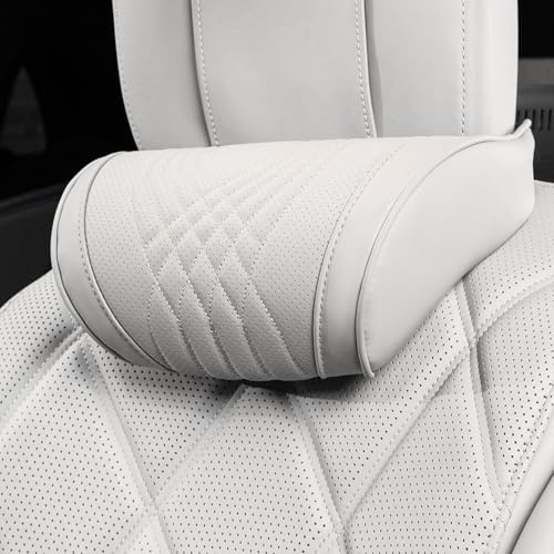 Dapucarin Coussin Appui-tête Voiture, Oreillers de Cou avec Cuir Nappa + Mousse à Mémoire pour Le Siège d'Auto Conduite, Oreiller de Nuque Repose Tete Cervical, Blanc Cassé, 1 Pièce
