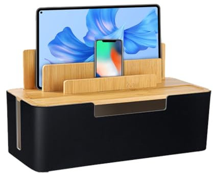 RANJIMA Kabelmanagement Box, Kabelbox Kabel Organizer Box mit Bambusdeckel zum Verstecken und Ordnen von Kabeln, Steckdosenbox Desktop Cable Management Box für Mobiltelefone, Tablets, Schwarz