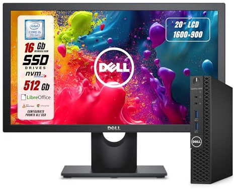 Dell OptiPlex Micro, Mini PC Intel i5-7500T 4 Core 2.7 Ghz, Ram 16Gb SSD 512Gb, Windows + Monitor Dell 19.5 1600x900 HD VGA, DisplayPort (Ricondizionato)