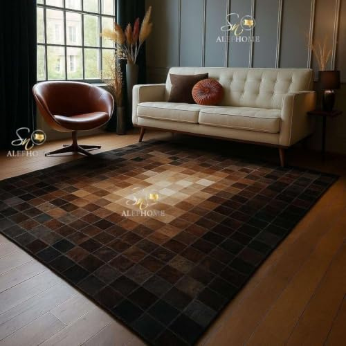 Hair-On Cowhide Leather Patchwork Area Rug 8×10 ft | Natural Patterned Low Pile Area Carpet, Modern Rustic Design for Living Room Bedroom Dining Room & Farmhouse Decor, Dark Brown