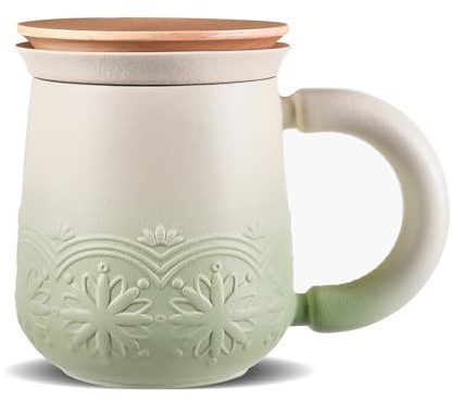 ZENS Teetasse mit Deckel und Sieb, 360ml Teebecher für Losen Tee,Hellgrün | Geprägtem Japandi Keramik Teebecher mit Feinsieb und Holz Deckel, Geschenke für Teeliebhaber, Tochter, Frauen