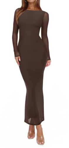 REORIA Women's Spring Mesh Sheer Long Sleeve Wedding Guest Dress Sexy Floral Bodycon Maxi Long Dresses Shaved Chocolate Small