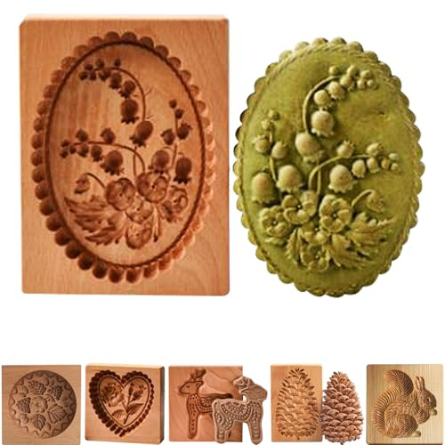 Wooden Cookie Moulds for Baking | 3D Carved Reusable Beechwood Biscuit Press Stamp | Christmas, Halloween & Easter Gingerbread Decorations | DIY Shortbread Cake Craft Tool for Kids & Home Baking (D)