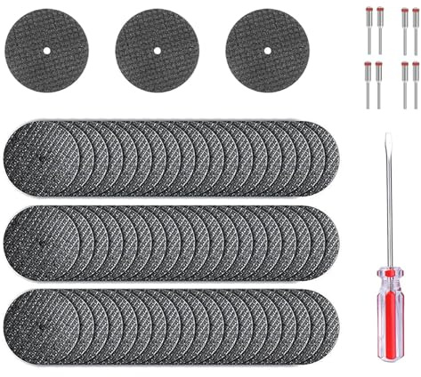 Aiyraa 60Pcs Cutting Discs with 8 Mandrels Replacement, 1 Screwdriver, 32mm Fibreglass Reinforced Resin Cut-Off Wheels for Dremel, Rotary Tool Accessories for Metal Wood Plastic