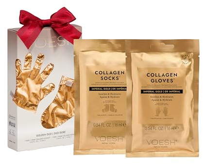 VOESH Golden Renewal Duo Gift Set - Includes 1 Pair of Collagen Gloves and Socks to Hydrate, Soften & Repair Dry, Cracked Hands & Feet - K-Beauty Korean Skincare