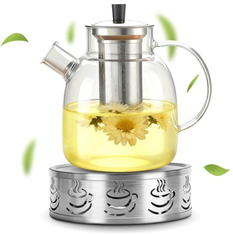 Teekanne mit Siebeinsatz, Teekanne Glas mit Stövchen, Hitzebeständig Glaskanne, Borosilikatglas Teeservice Überhitzungsschut, Glasteekanne, Tea Pot für blühenden Tee und losen Blättertee (1.8L)