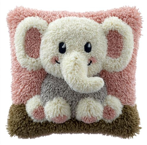Henypt Kit Point Noué Coussin, Bébé éléphant animal Crochet de Verrouillage Kits de Coussins avec Crochet, Tapis Point Noué à Faire, Kit Broderie Coussin 43x43cm