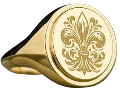Fleur de lys en argent sterling 925 | Bague plaquée or | Chevalière ovale 15 x 13 mm | Taille de l'anneau : 5-12,5 US | Avelaibal | WDRG_0644