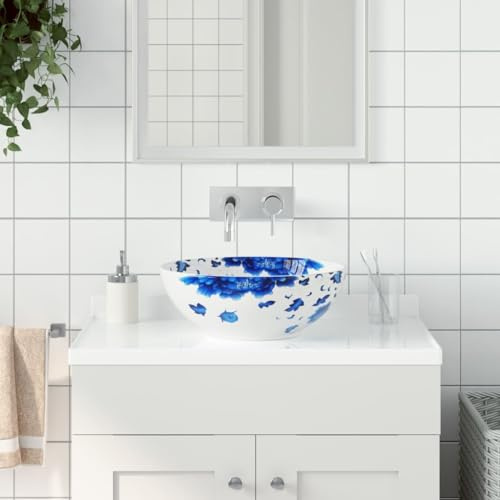 Petit Lavabo de Salle de Bain,Vasque à poser blanc et bleu rond Φ41x14 cm céramique,Meuble Lave Main Wc pour Cuisine, Wc d'invités