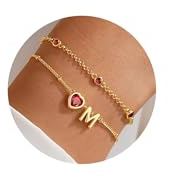 Turandoss 2 stycken armband med bokstäver damer guld – 14K förgyllt guld födelsesten armband bokstäver armband hjärta flicka, födelsedagspresent för kvinnor tonåring flickor flickvän smycken, Mässing